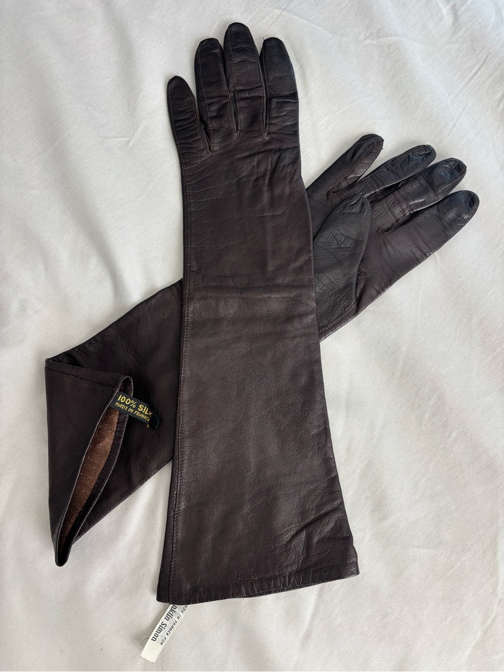 Vintage Franklin Simon French Leather Opera Gloves Long Silk Lined Brown